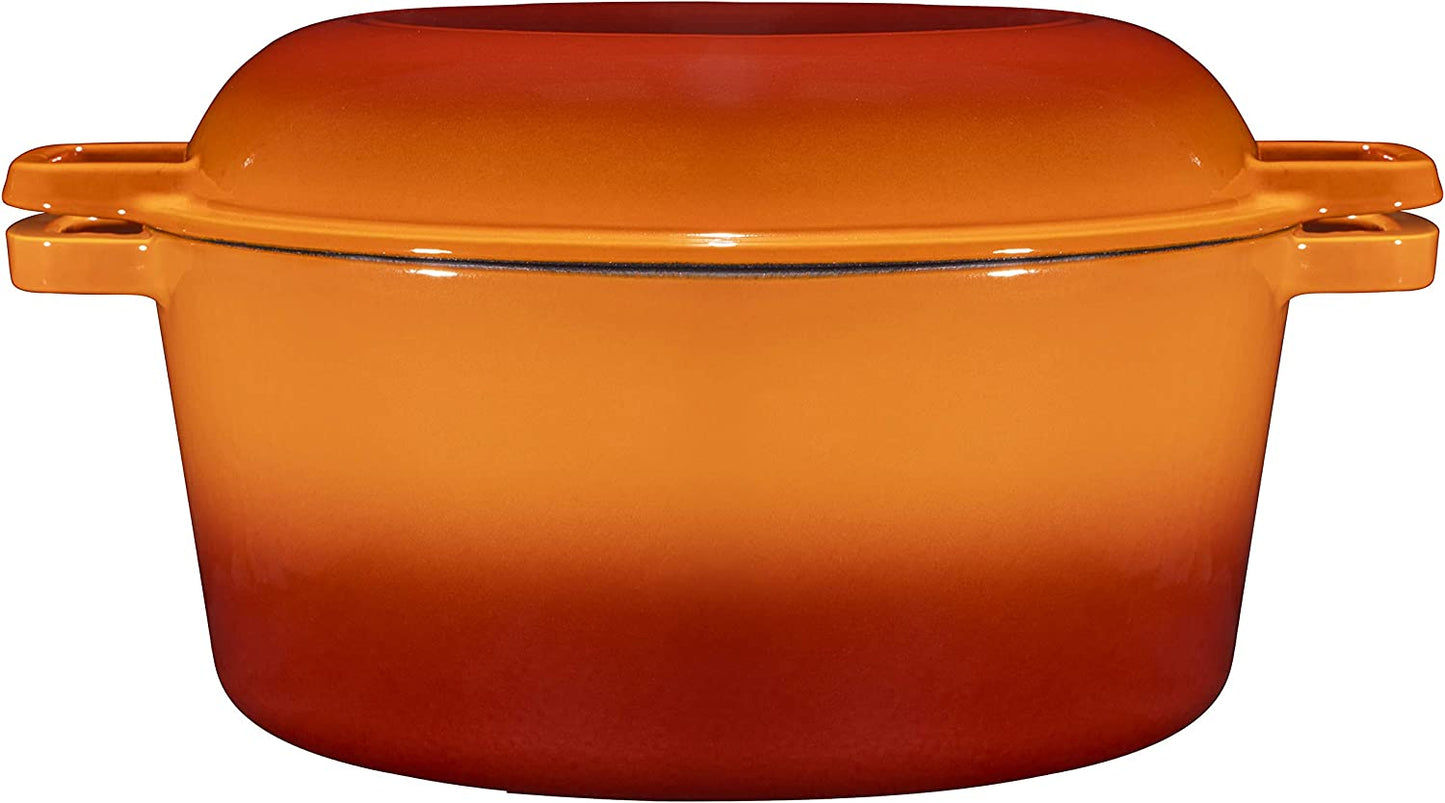 2-In-1 Enamel Cast Iron Dutch Oven with Handles - Crock Pot Pumpkin Spice Orange Cast Iron Pot with Skillet Lid-All-In-1 Cookware Braising Pan for Casserole Dish-5 Quart Pumpkin Spice Orange