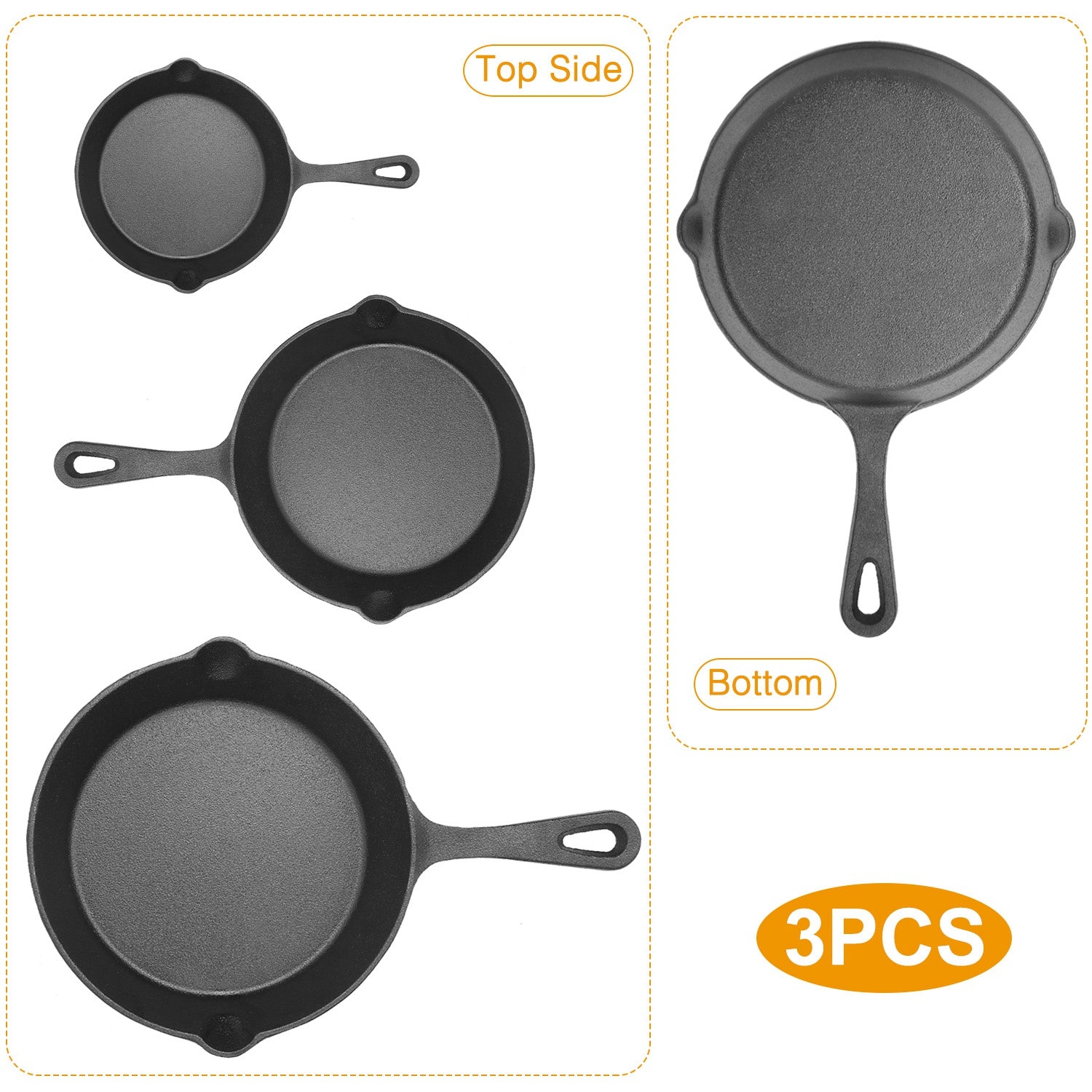3Pcs Pre-Seasoned Cast Iron Skillet Set 6In 8In 10In Non-Stick Oven Safe Cookware Heat-Resistant Frying Pan for Frying Cooking Baking