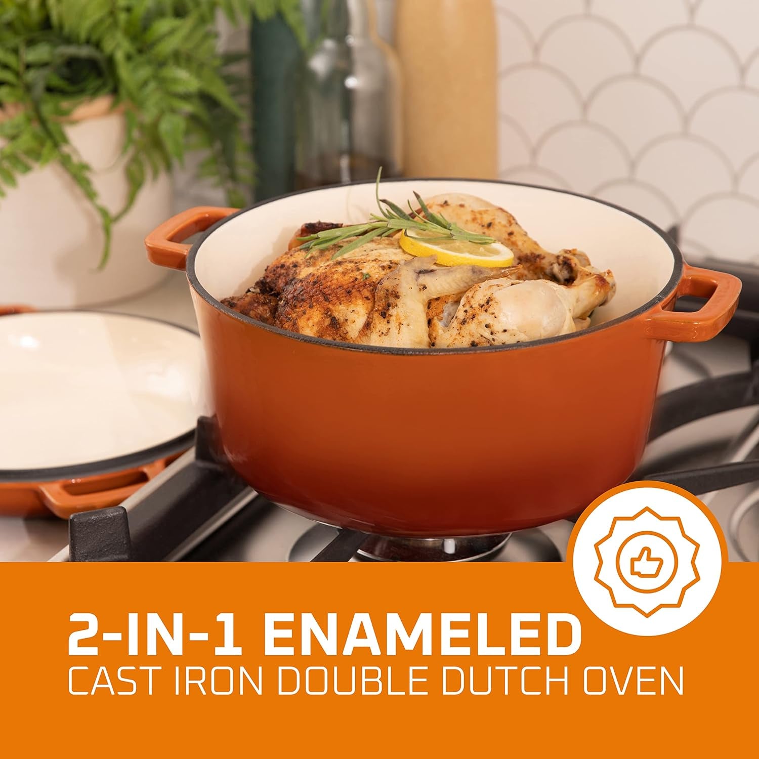 2-In-1 Enamel Cast Iron Dutch Oven with Handles - Crock Pot Pumpkin Spice Orange Cast Iron Pot with Skillet Lid-All-In-1 Cookware Braising Pan for Casserole Dish-5 Quart Pumpkin Spice Orange