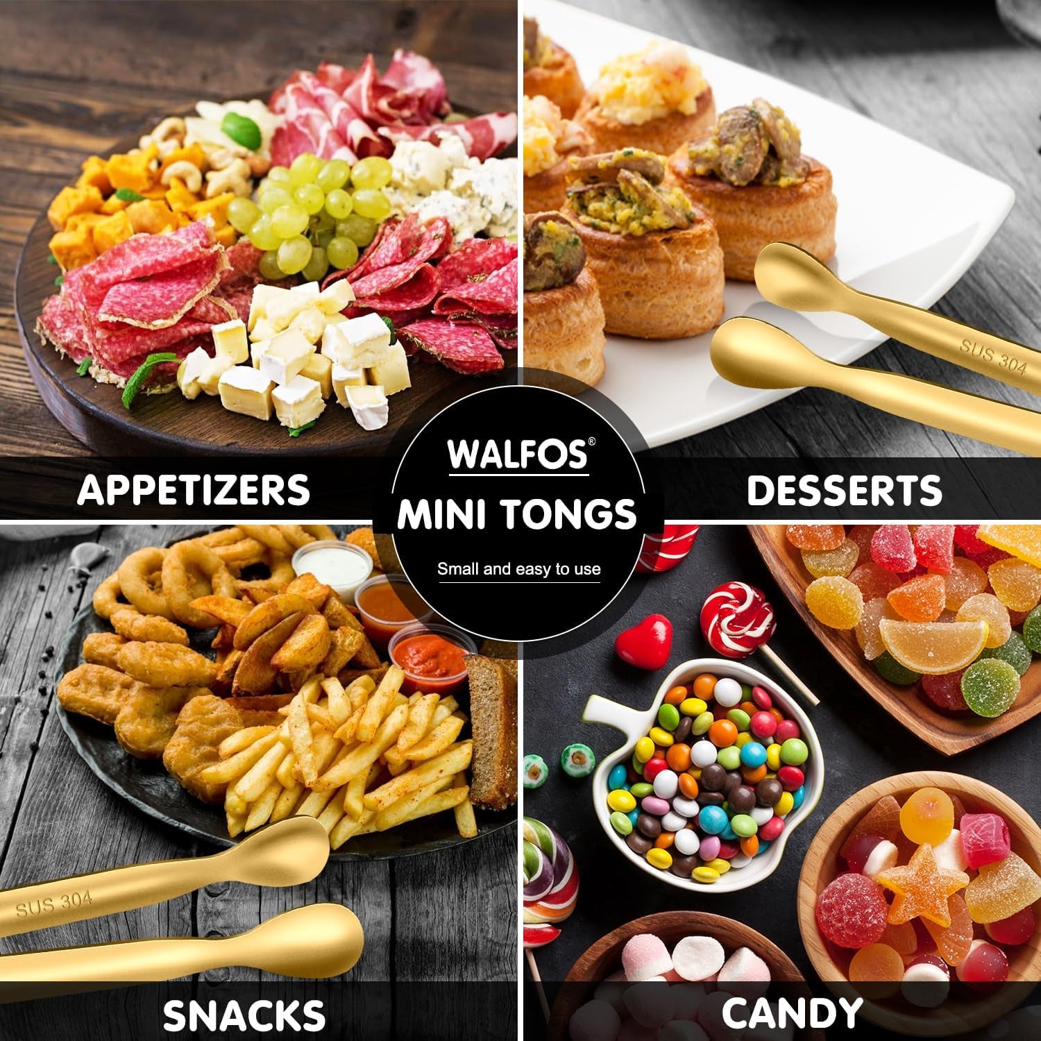 Elegant Gold Mini Tongs for Serving - Food Grade Stainless Steel 4" Set of 12 for Appetizers, Desserts, Tea Parties & Catering