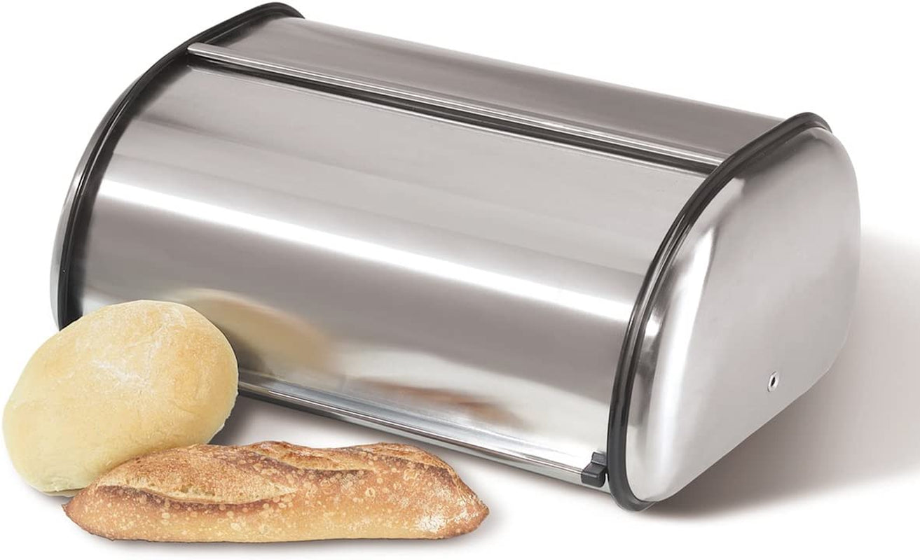 Oggi Stainless Steel Roll Top Bread Box with Frosted Plexiglass Lid - Accommodates Multiple Loaves and Various Baked Goods Including Cookies, Bagels, and Muffins