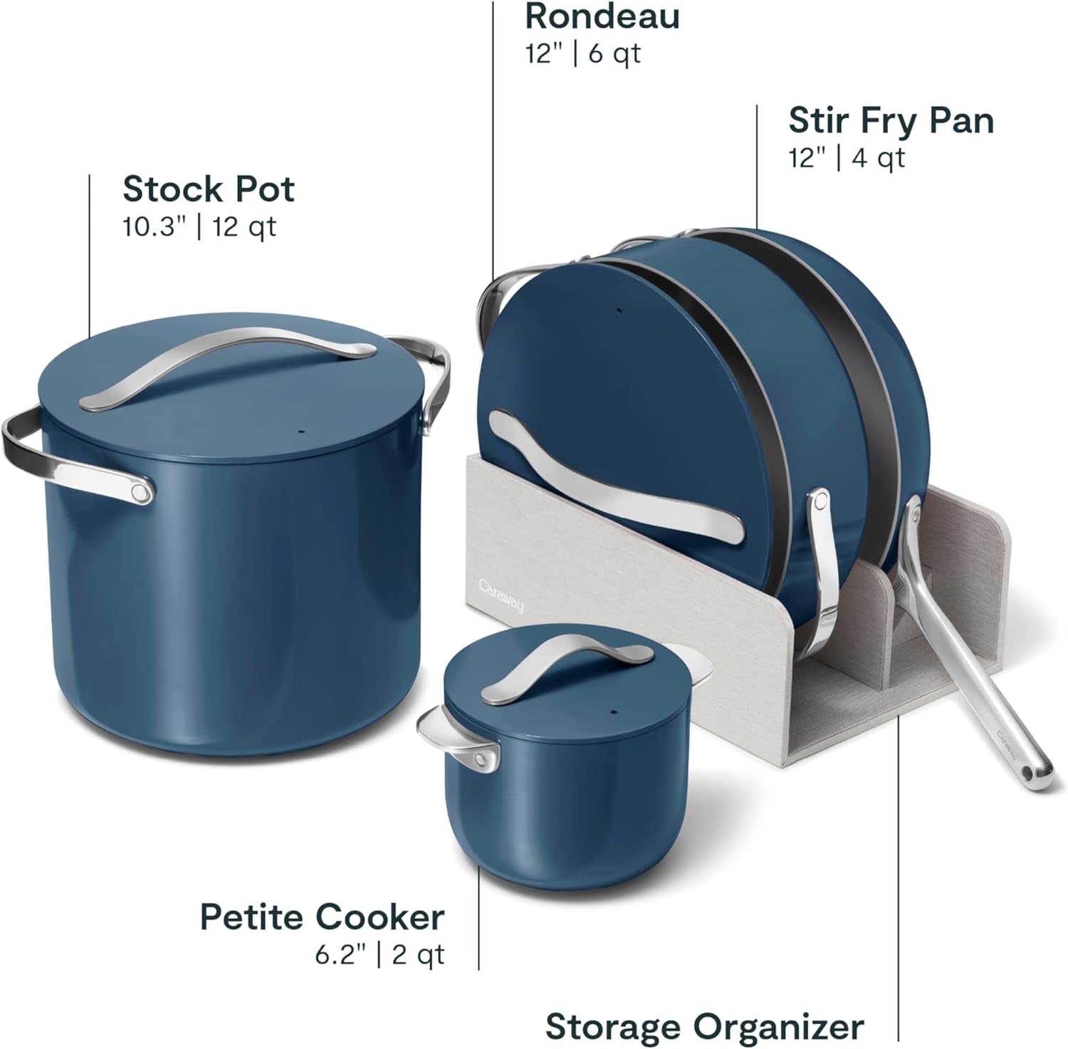 Cookware+ Collection - Specialty Cookware Set - Petite Cooker, Stir Fry Pan, Rondeau, & Stock Pot - 3 Lids & Storage Organizer Included - Navy