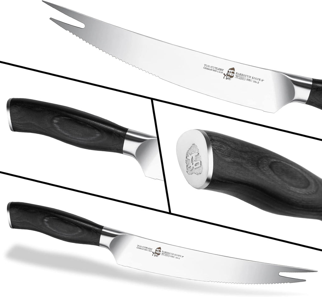 BBQ Knife, 8 Inch Roast Cutting Knife with Fork Tip for Grilled Meat Cutting, Serrated Edge, High Carbon German Steel, Comfortable Pakkawood Handle