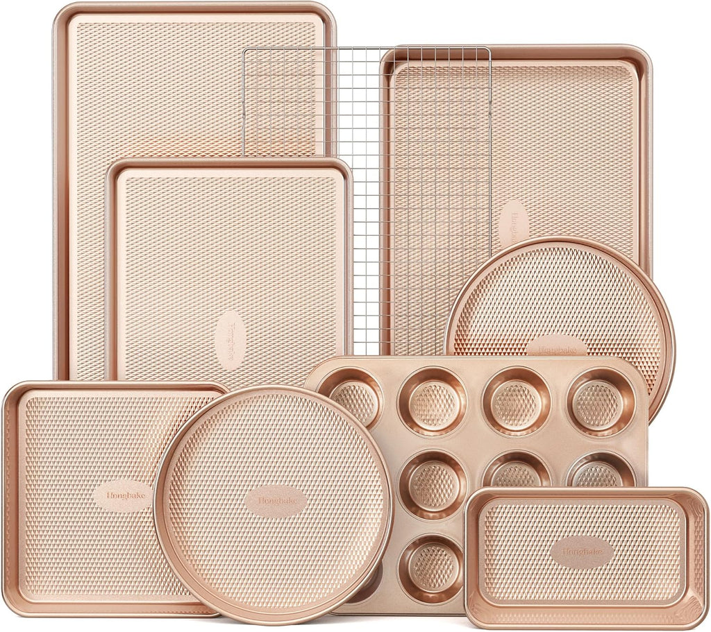 9-Piece Baking Pans Set Nonstick, Stackable Non Toxic Bakeware Sets with Diamond Texture, Oven Pan Set for Cooking, Includes Cookie Sheet with Rack, Cake Pan, Roasting Pan, Muffin Tin, Gold