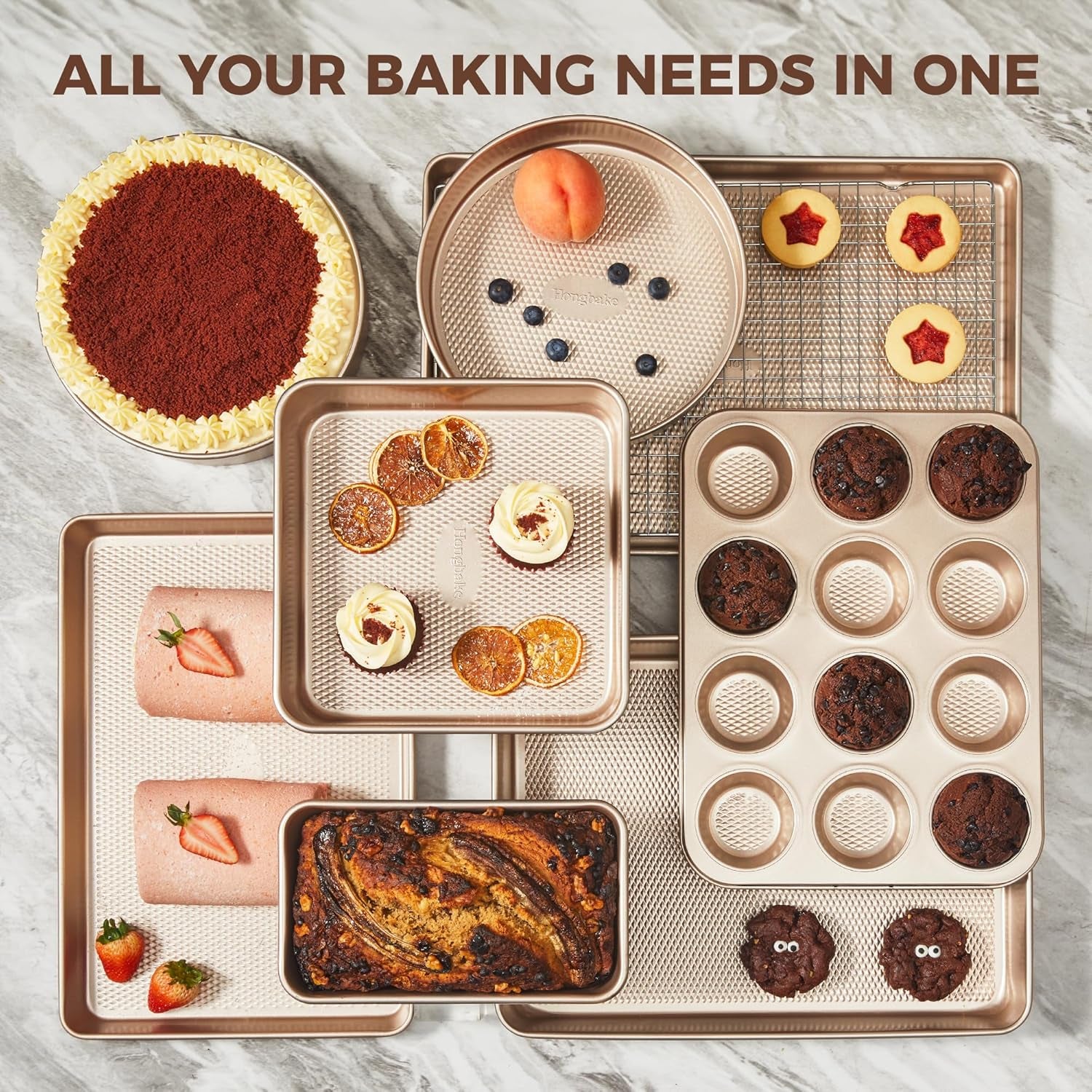 9-Piece Baking Pans Set Nonstick, Stackable Non Toxic Bakeware Sets with Diamond Texture, Oven Pan Set for Cooking, Includes Cookie Sheet with Rack, Cake Pan, Roasting Pan, Muffin Tin, Gold