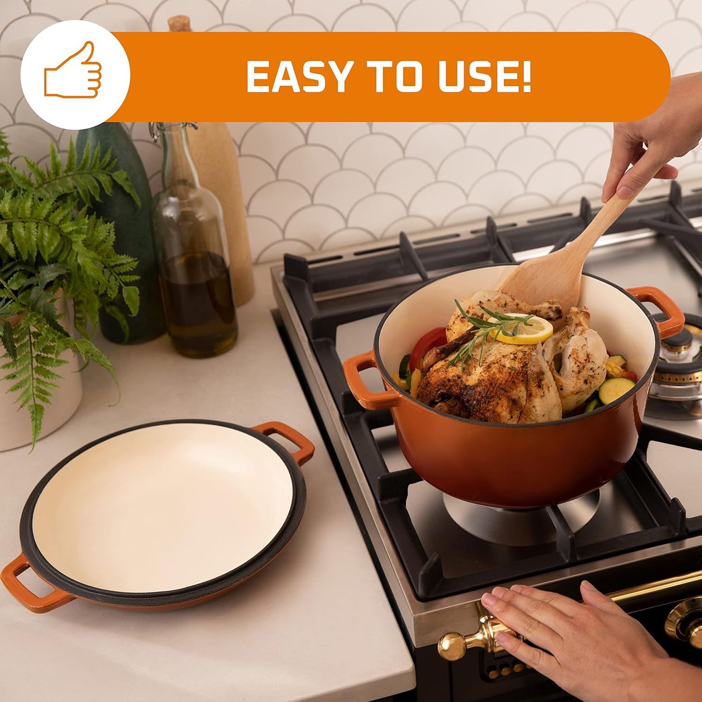 2-In-1 Enamel Cast Iron Dutch Oven with Handles - Crock Pot Pumpkin Spice Orange Cast Iron Pot with Skillet Lid-All-In-1 Cookware Braising Pan for Casserole Dish-5 Quart Pumpkin Spice Orange