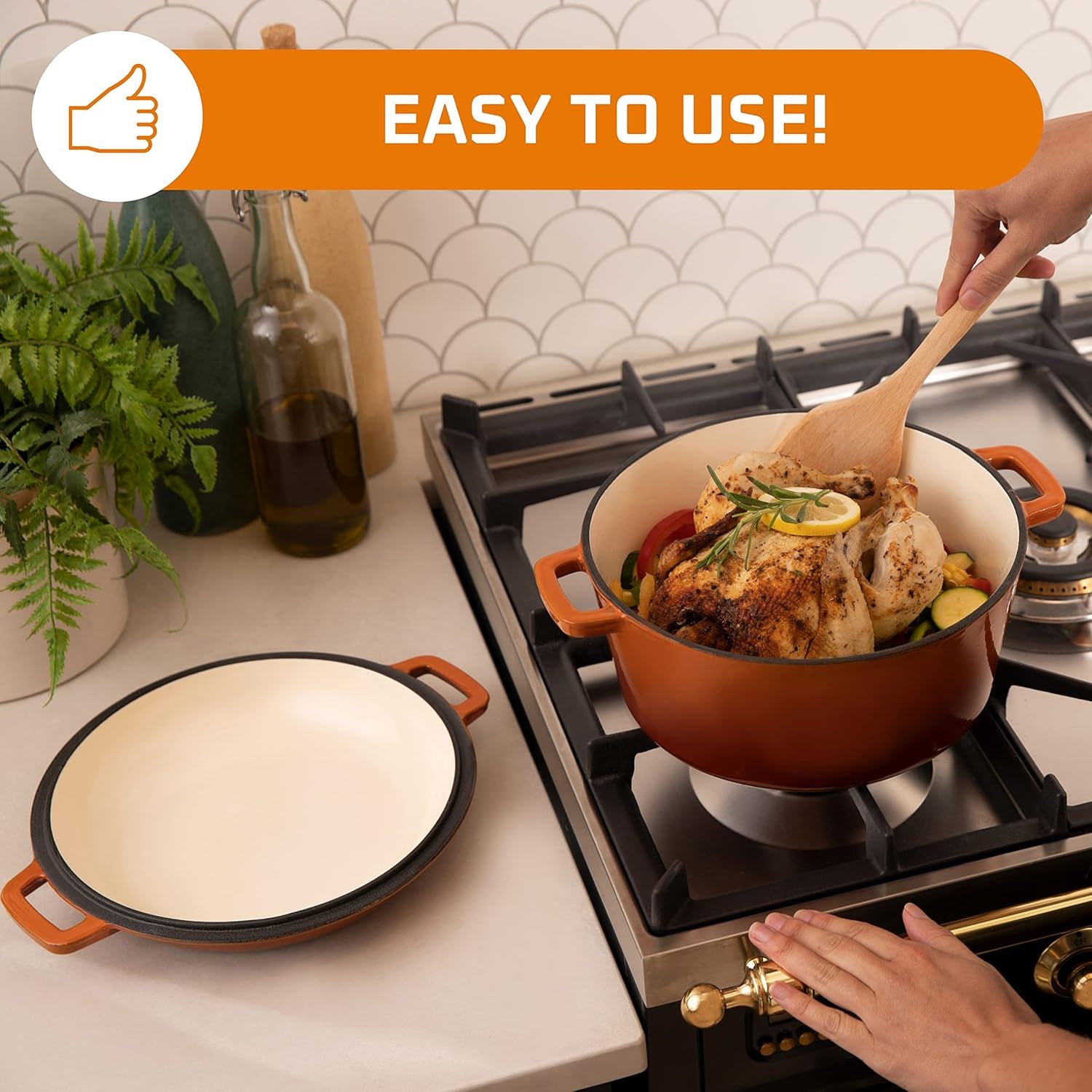 2-In-1 Enamel Cast Iron Dutch Oven with Handles - Crock Pot Pumpkin Spice Orange Cast Iron Pot with Skillet Lid-All-In-1 Cookware Braising Pan for Casserole Dish-5 Quart Pumpkin Spice Orange