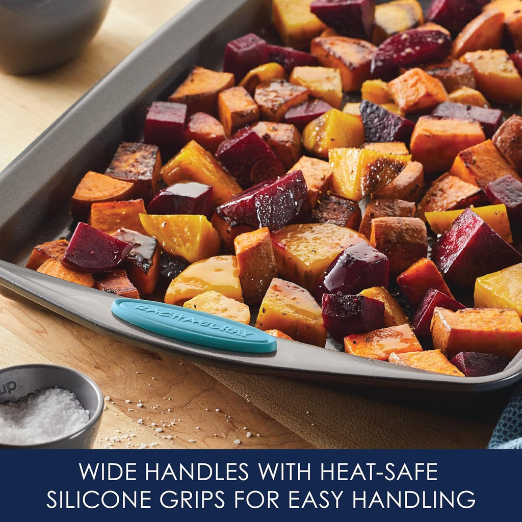 Bakeware Nonstick Cookie Pan Set, 3-Piece, Gray with Agave Blue Grips