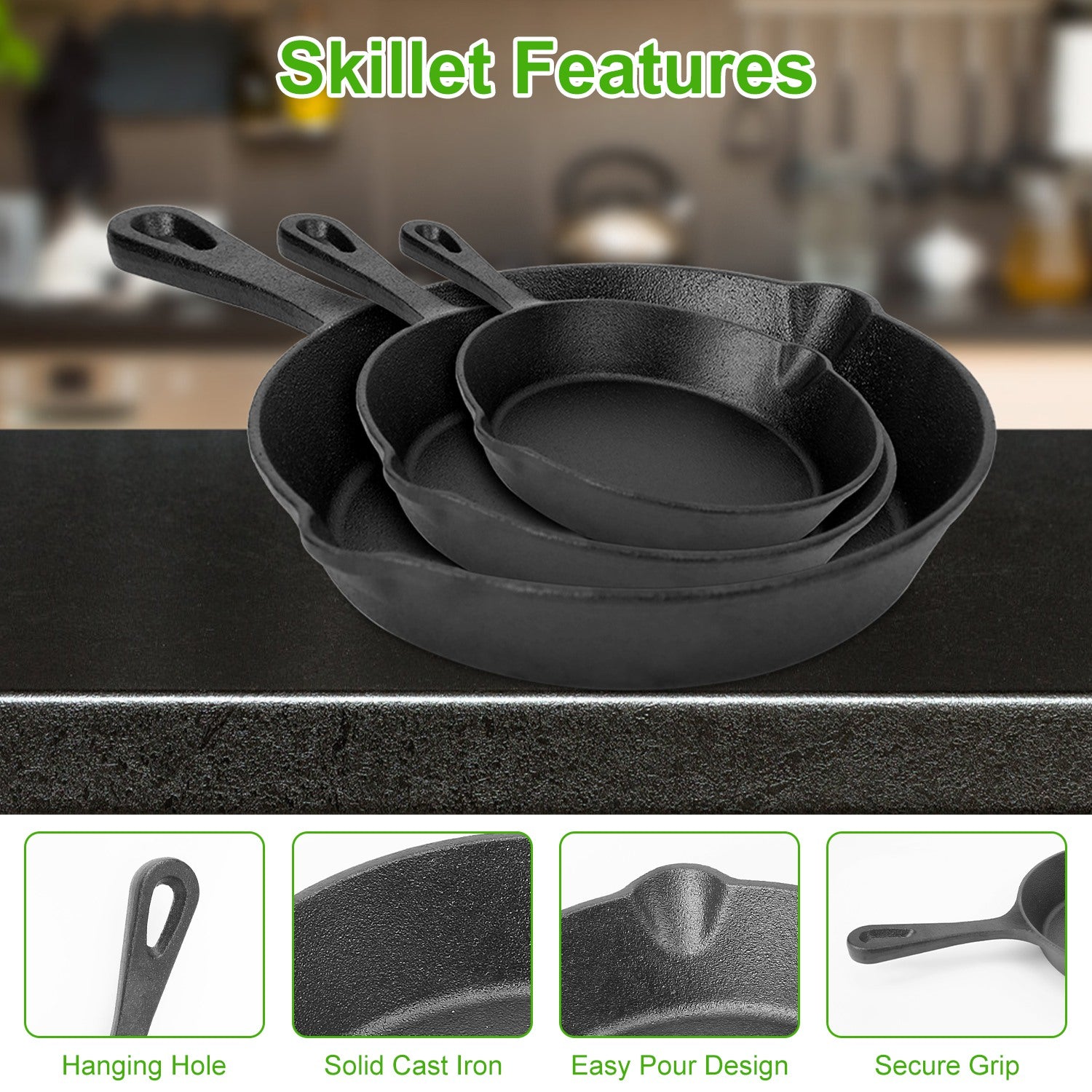3Pcs Pre-Seasoned Cast Iron Skillet Set 6In 8In 10In Non-Stick Oven Safe Cookware Heat-Resistant Frying Pan for Frying Cooking Baking