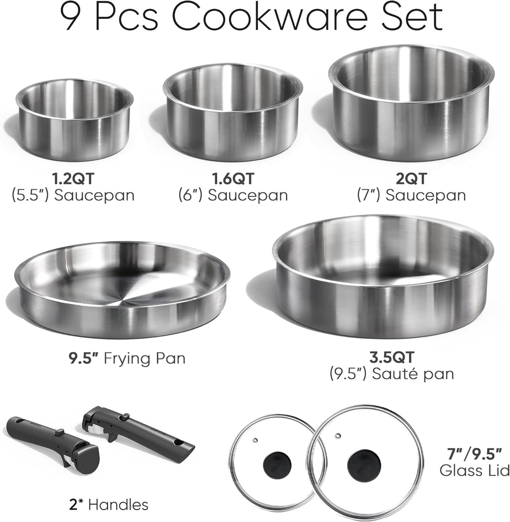 Pots and Pans Set, Stainless Steel Cookware Set Detachable Handle, 9Pcs Induction Kitchen Cookware Sets with Removable Handle, RV Cookware Set, Oven Safe
