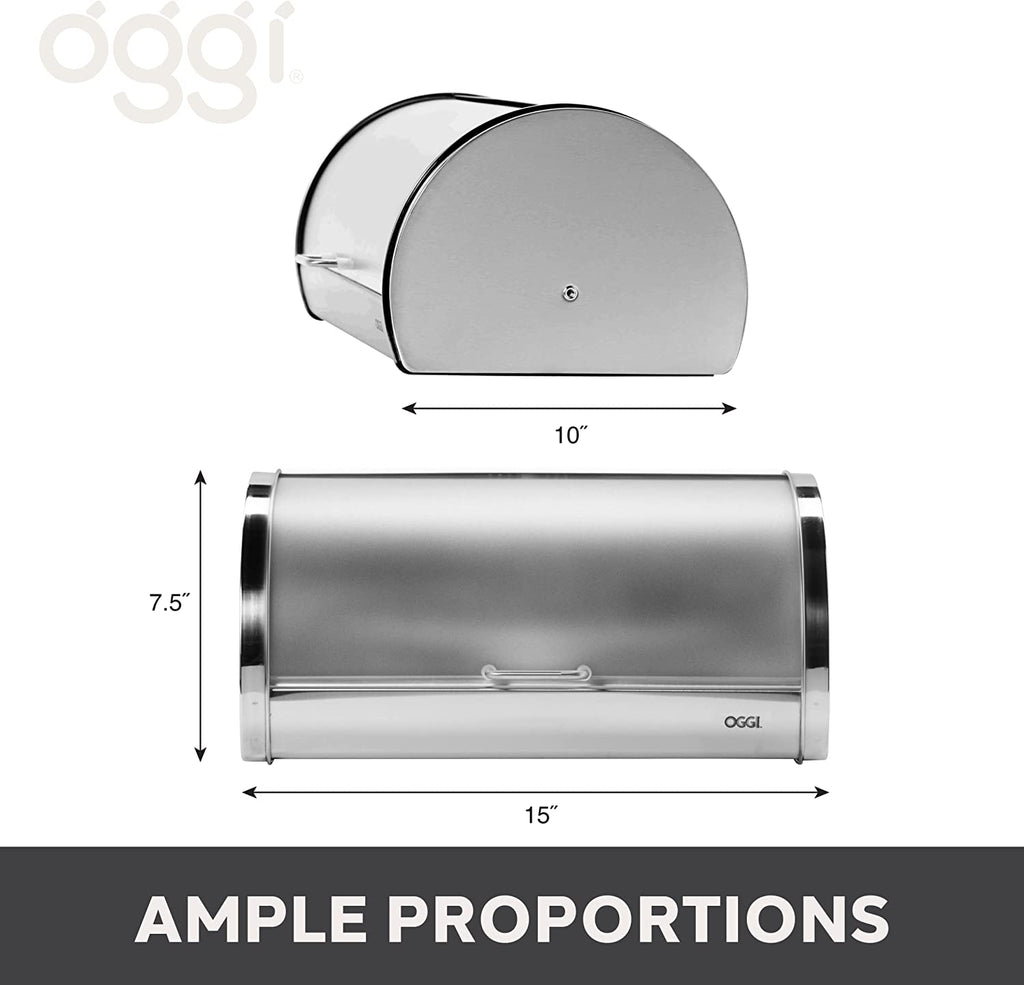 Oggi Stainless Steel Roll Top Bread Box with Frosted Plexiglass Lid - Accommodates Multiple Loaves and Various Baked Goods Including Cookies, Bagels, and Muffins