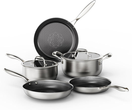 Stainless Steel Cookware Set, Pots and Pans Set Non Stick, Hybrid Ceramic Cookware, Frying Pans, Saucepans & Stock Pot with Glass Lid, Non-Toxic, Oven Safe, Induction Compatible