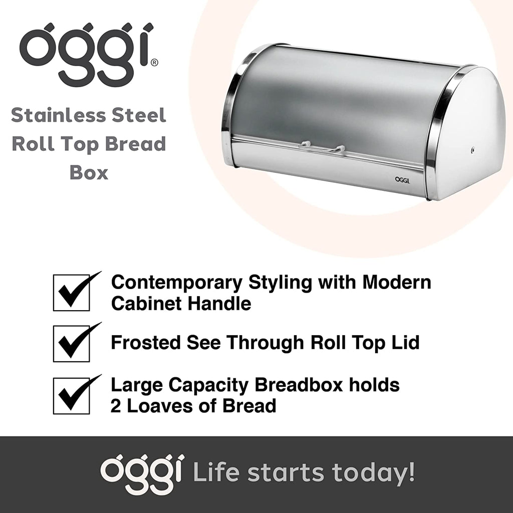 Oggi Stainless Steel Roll Top Bread Box with Frosted Plexiglass Lid - Accommodates Multiple Loaves and Various Baked Goods Including Cookies, Bagels, and Muffins