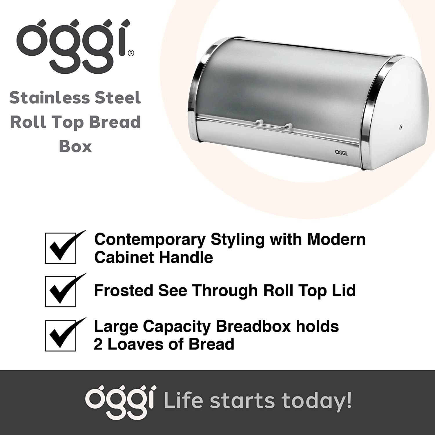 Oggi Stainless Steel Roll Top Bread Box with Frosted Plexiglass Lid - Accommodates Multiple Loaves and Various Baked Goods Including Cookies, Bagels, and Muffins
