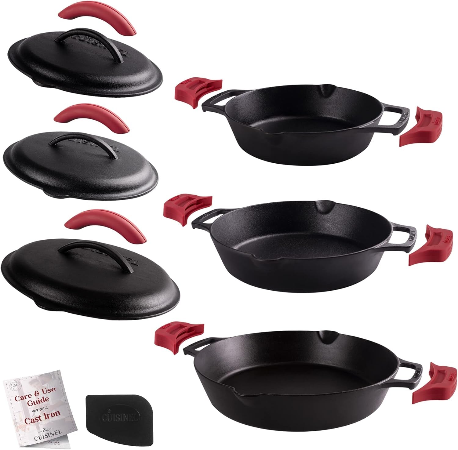 Cuisinel Pre-Seasoned Cast Iron Skillet Set with Lids - 8", 10", and 12" Covered Frying Pans with Silicone Handles, Lid Holders, and Cleaning Scraper for Versatile Indoor/Outdoor Cooking