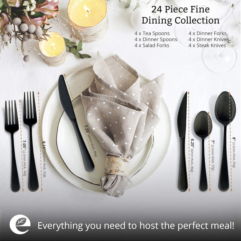 Elegant 24-Piece 18/8 Stainless Steel Silverware Set for 4 - Ergonomic, Dishwasher Safe, Mirror Finish Flatware in Black - Rust-Proof & Stylish Utensils