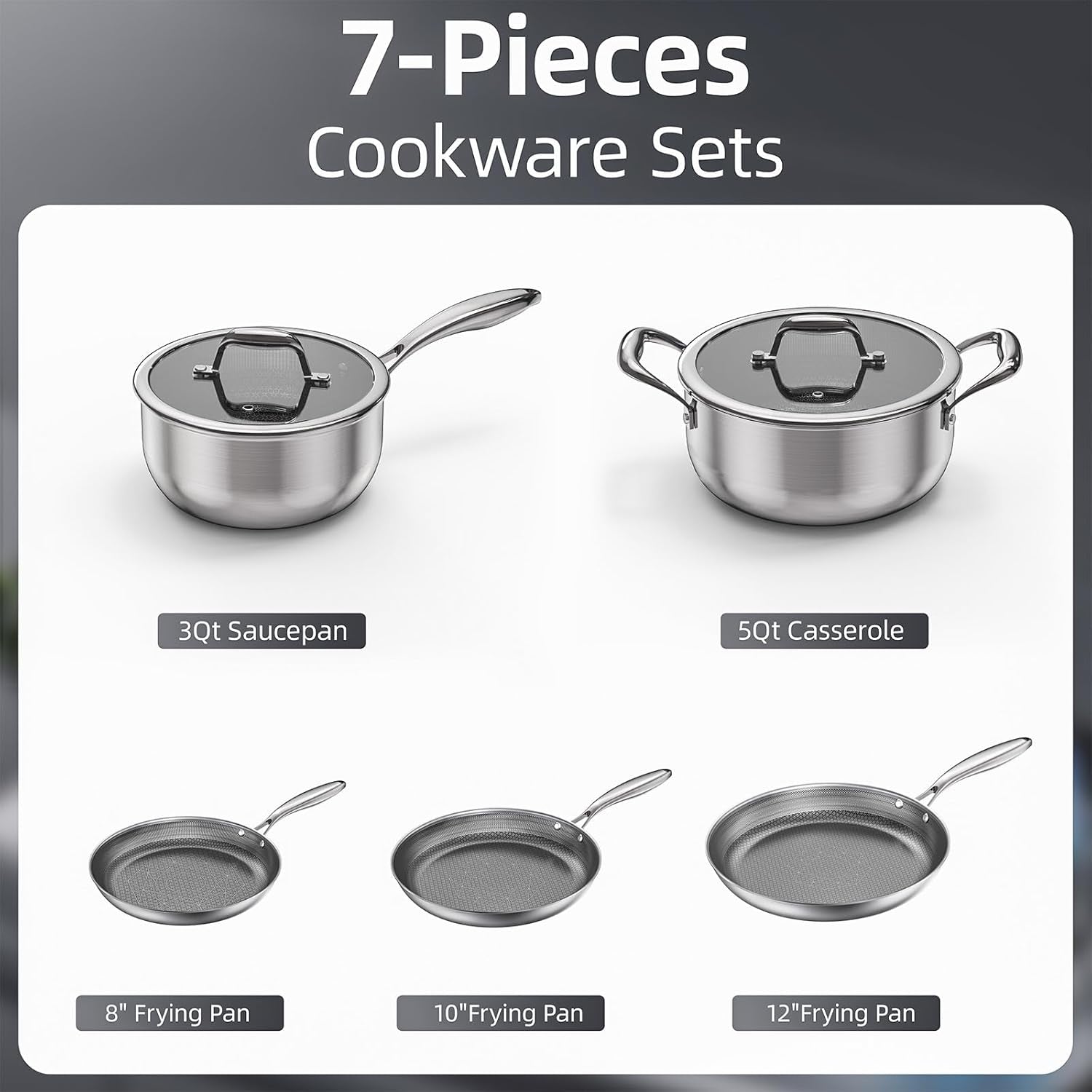 Stainless Steel Cookware Set, Pots and Pans Set Non Stick, Hybrid Ceramic Cookware, Frying Pans, Saucepans & Stock Pot with Glass Lid, Non-Toxic, Oven Safe, Induction Compatible
