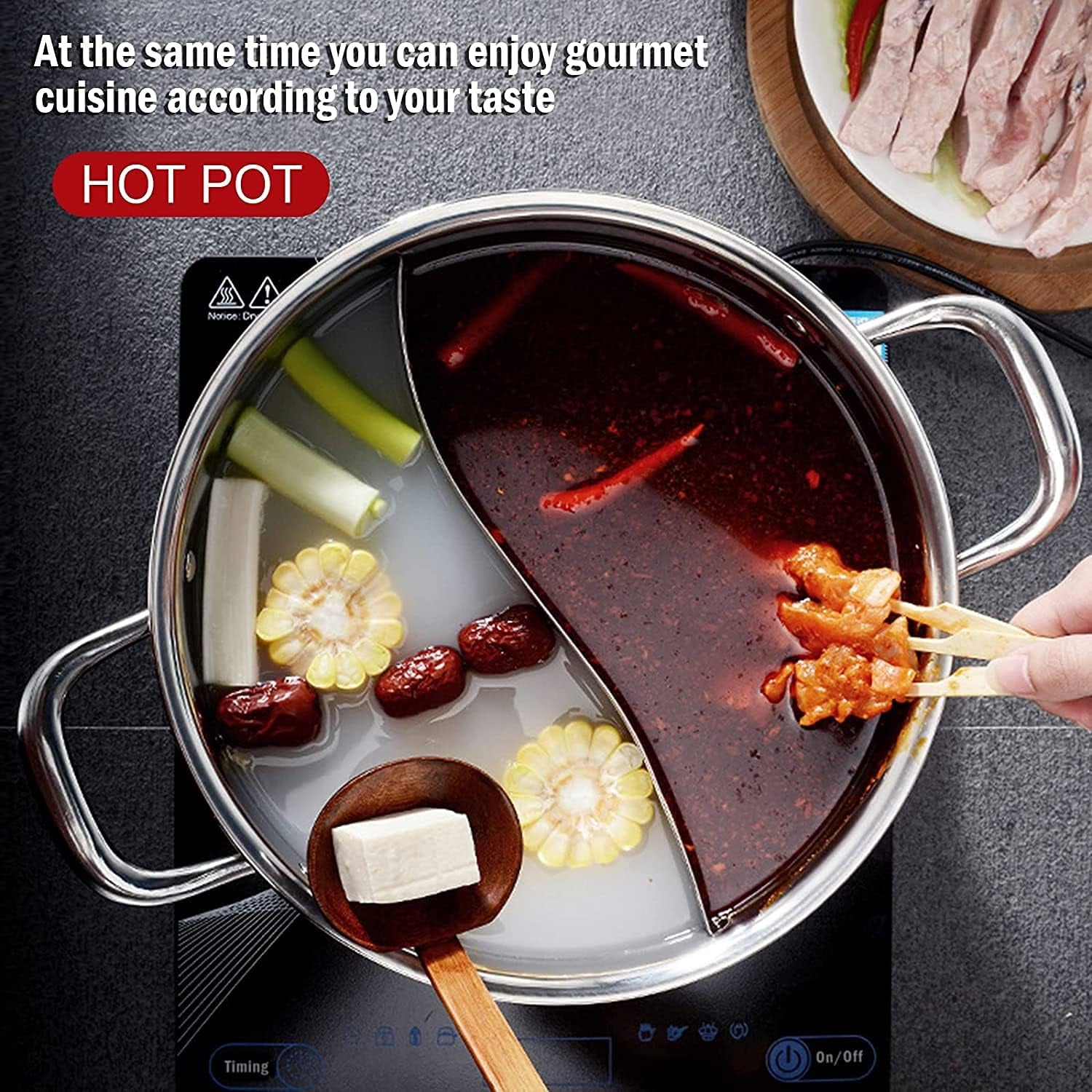 13Inch Hot Pot with Divider Lid Stainless Steel Shabu Shabu Pot for Induction Cooktop Gas Stove Kitchen Cooker, Dual Sided Soup Cookware with 2 Soup Ladles