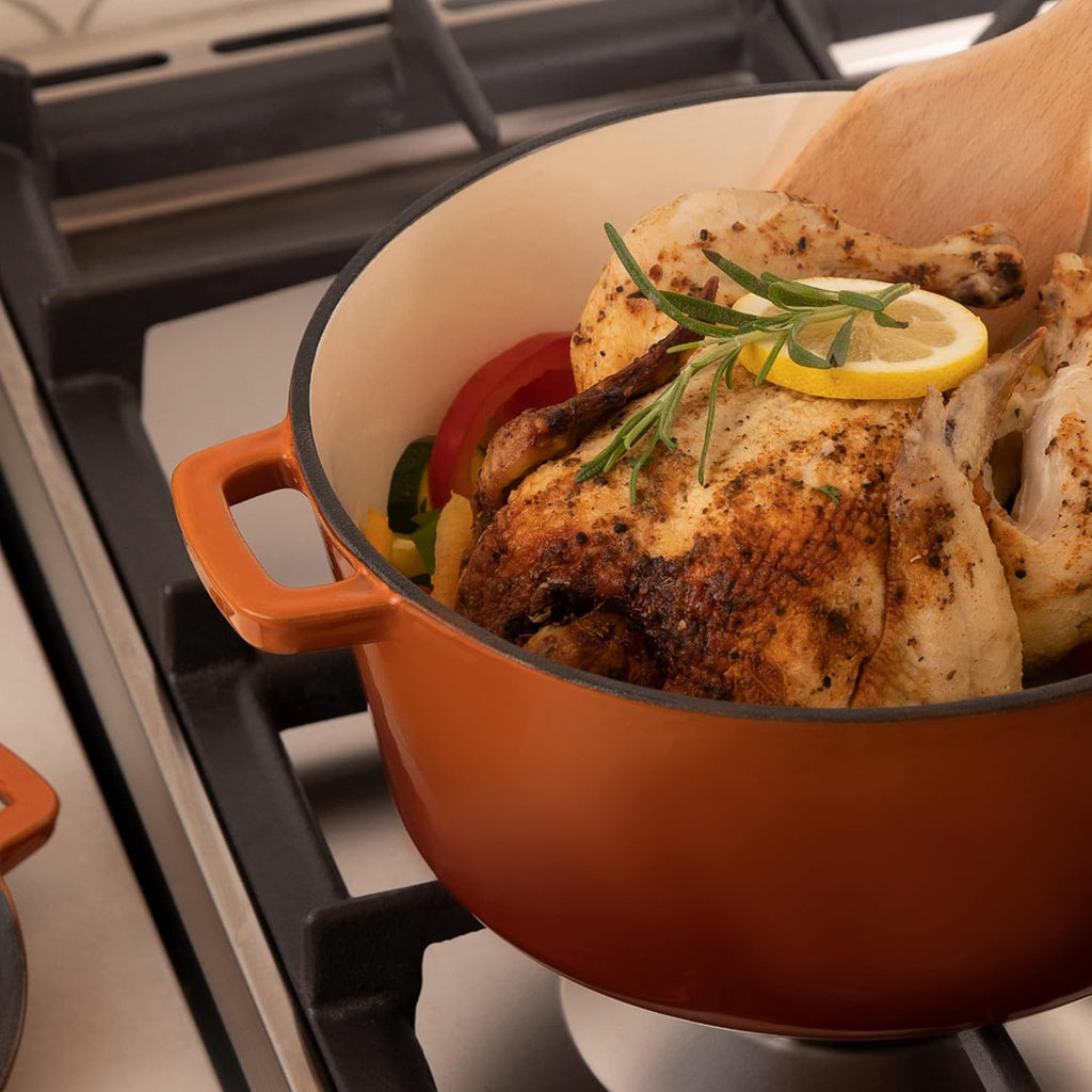 2-In-1 Enamel Cast Iron Dutch Oven with Handles - Crock Pot Pumpkin Spice Orange Cast Iron Pot with Skillet Lid-All-In-1 Cookware Braising Pan for Casserole Dish-5 Quart Pumpkin Spice Orange