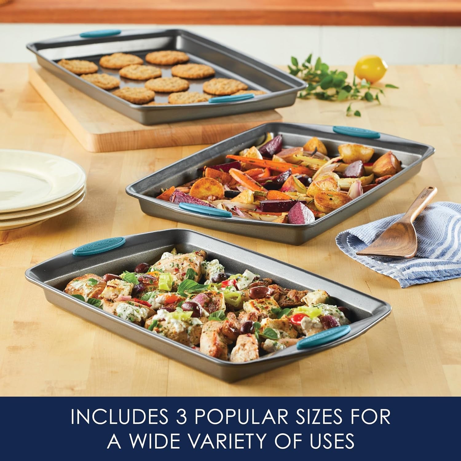 Bakeware Nonstick Cookie Pan Set, 3-Piece, Gray with Agave Blue Grips