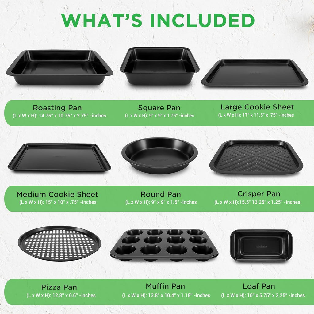 10-Piece Non-Stick Baking Set – Heavy-Duty Carbon Steel Bakeware Set W/ Cookie Sheets, Muffin Pan, Roasting Pan, Cake Pan, Baking Tray, Pizza Pan – Effortless Food Release & Easy Cleanup