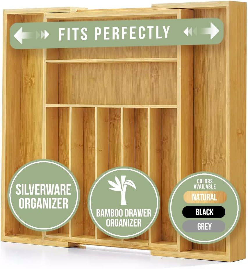 Maximize Your Space with the Purawood Expandable Bamboo Drawer Organizer - Elegant Natural Finish with Adjustable 7-9 Slots for Utensils and More