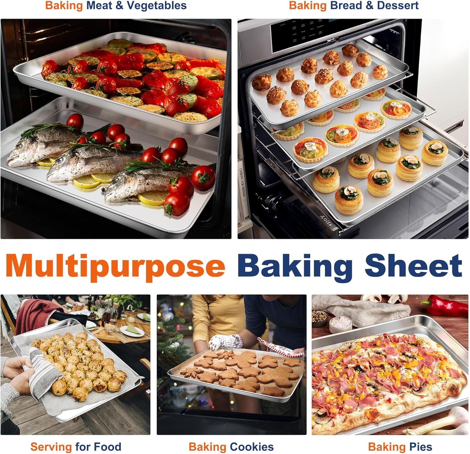 16 Inch Baking Cookie Sheet, Oven Pan Tray Stainless Steel Sheet Pan for Kitchen, Oven Bakeware for Multi Uses, Shiny Look & Dishwasher Safe, Healthy & Heavy Duty, 2Pcs