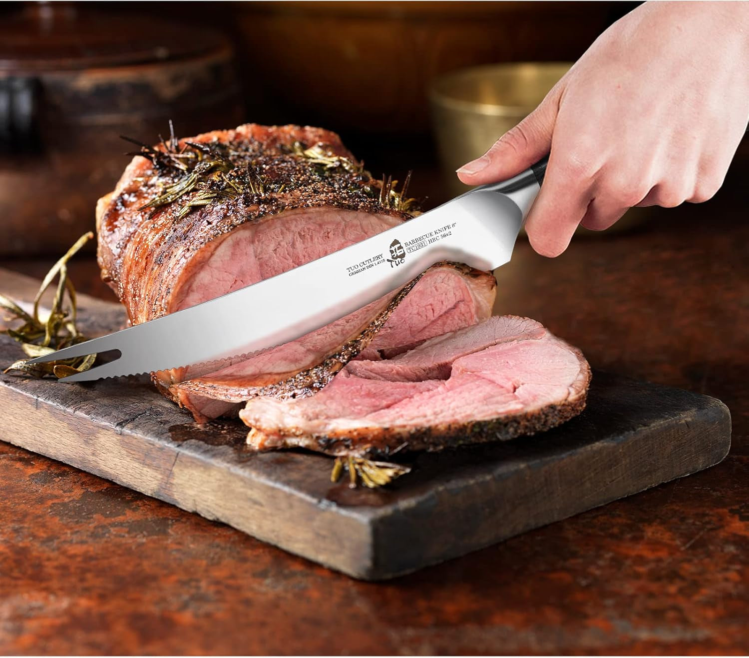 BBQ Knife, 8 Inch Roast Cutting Knife with Fork Tip for Grilled Meat Cutting, Serrated Edge, High Carbon German Steel, Comfortable Pakkawood Handle