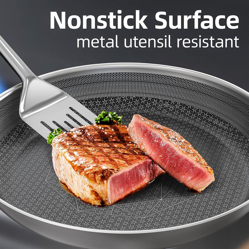 Stainless Steel Cookware Set, Pots and Pans Set Non Stick, Hybrid Ceramic Cookware, Frying Pans, Saucepans & Stock Pot with Glass Lid, Non-Toxic, Oven Safe, Induction Compatible