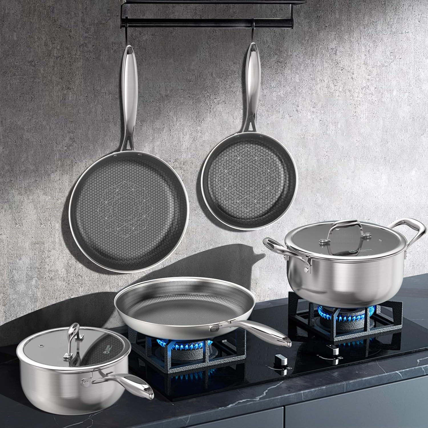 Stainless Steel Cookware Set, Pots and Pans Set Non Stick, Hybrid Ceramic Cookware, Frying Pans, Saucepans & Stock Pot with Glass Lid, Non-Toxic, Oven Safe, Induction Compatible