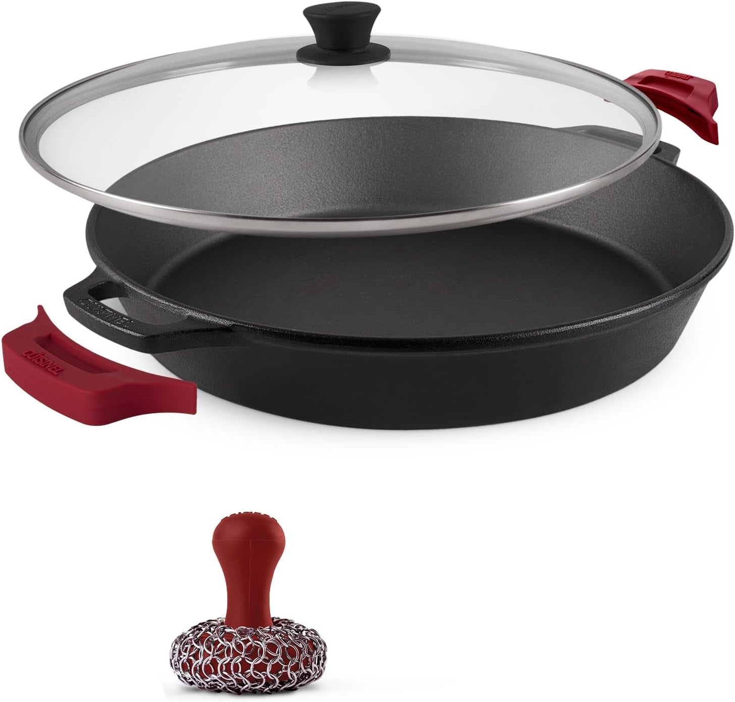 Cuisinel Pre-Seasoned Cast Iron Skillet Set with Lids - 8", 10", and 12" Covered Frying Pans with Silicone Handles, Lid Holders, and Cleaning Scraper for Versatile Indoor/Outdoor Cooking