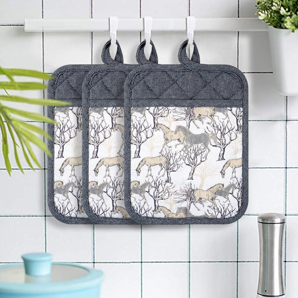 Pot Holders Set of 3 Silicone Printing Non Slip Heat Resistant, Yarm-Dyed Hot Pads Cotton Home Kitchen Cooking Barbecue Microwave Women Men Machine Washable BBQ Grilling. (Gray Potholders)