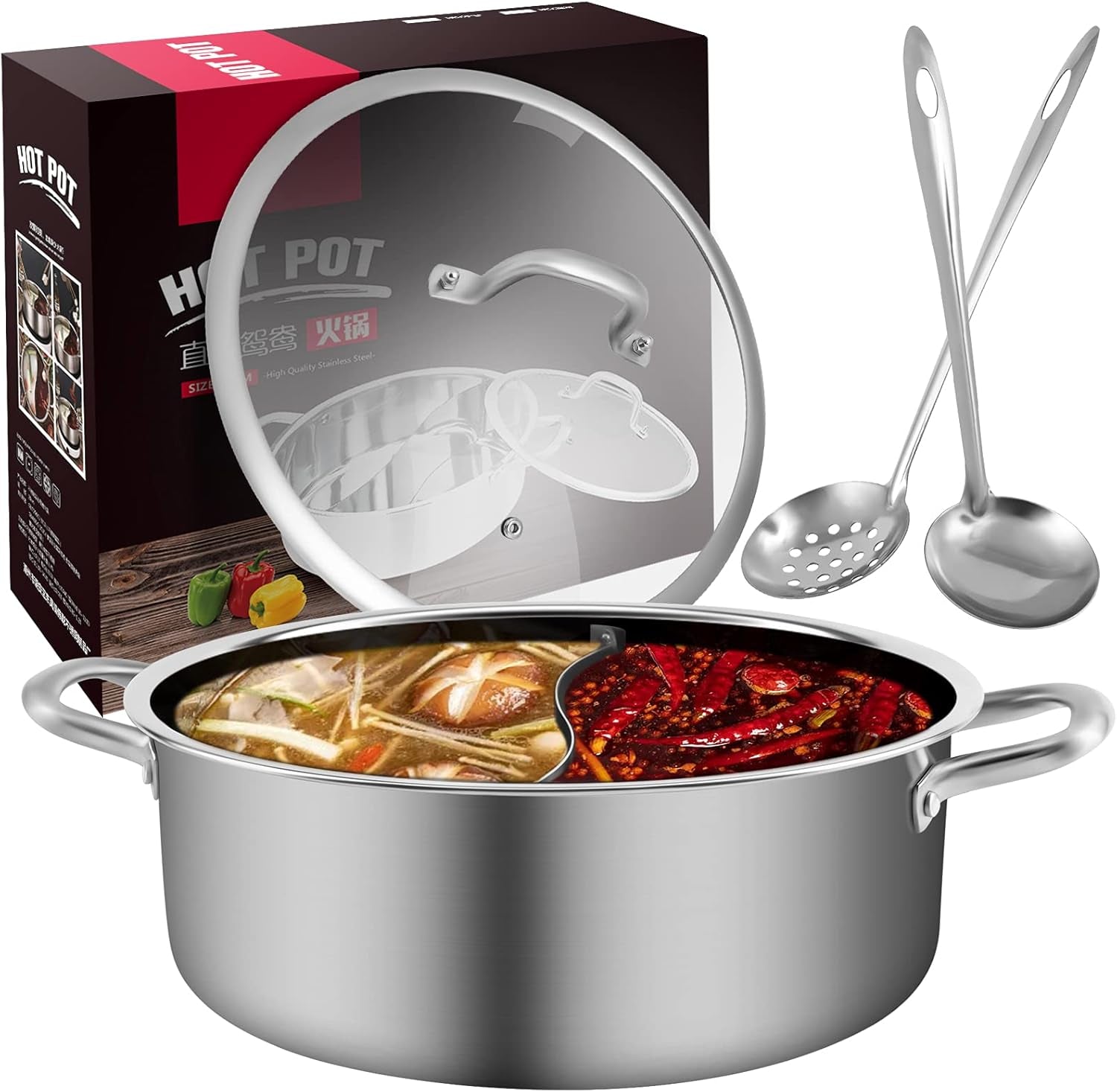 13Inch Hot Pot with Divider Lid Stainless Steel Shabu Shabu Pot for Induction Cooktop Gas Stove Kitchen Cooker, Dual Sided Soup Cookware with 2 Soup Ladles