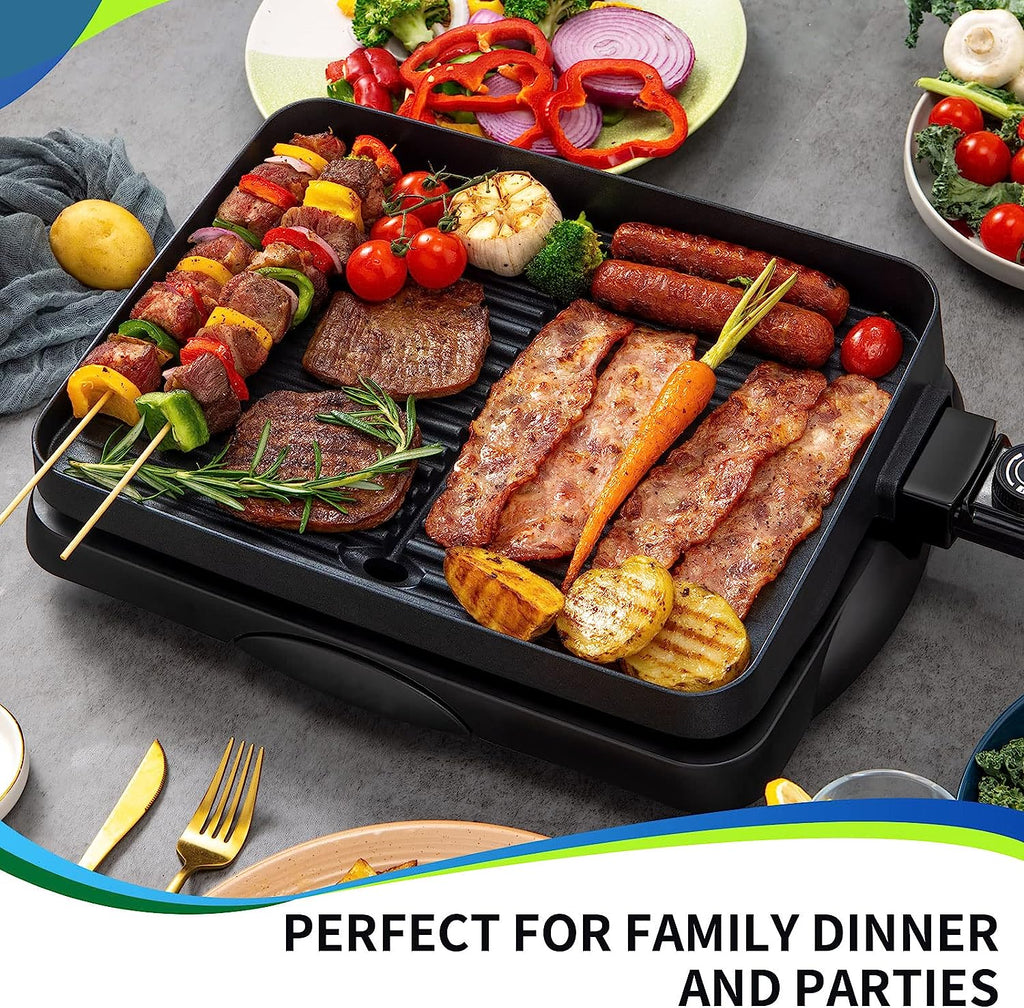 Indoor Grill Electric Korean BBQ Grill Nonstick 1500W, Removable Griddle Contact Grilling with Smart 5-Heat Temp Controller, Kbbq Fast Heat up Family Size Mini 14 Inch Tabletop Plate Pfoa-Free Black