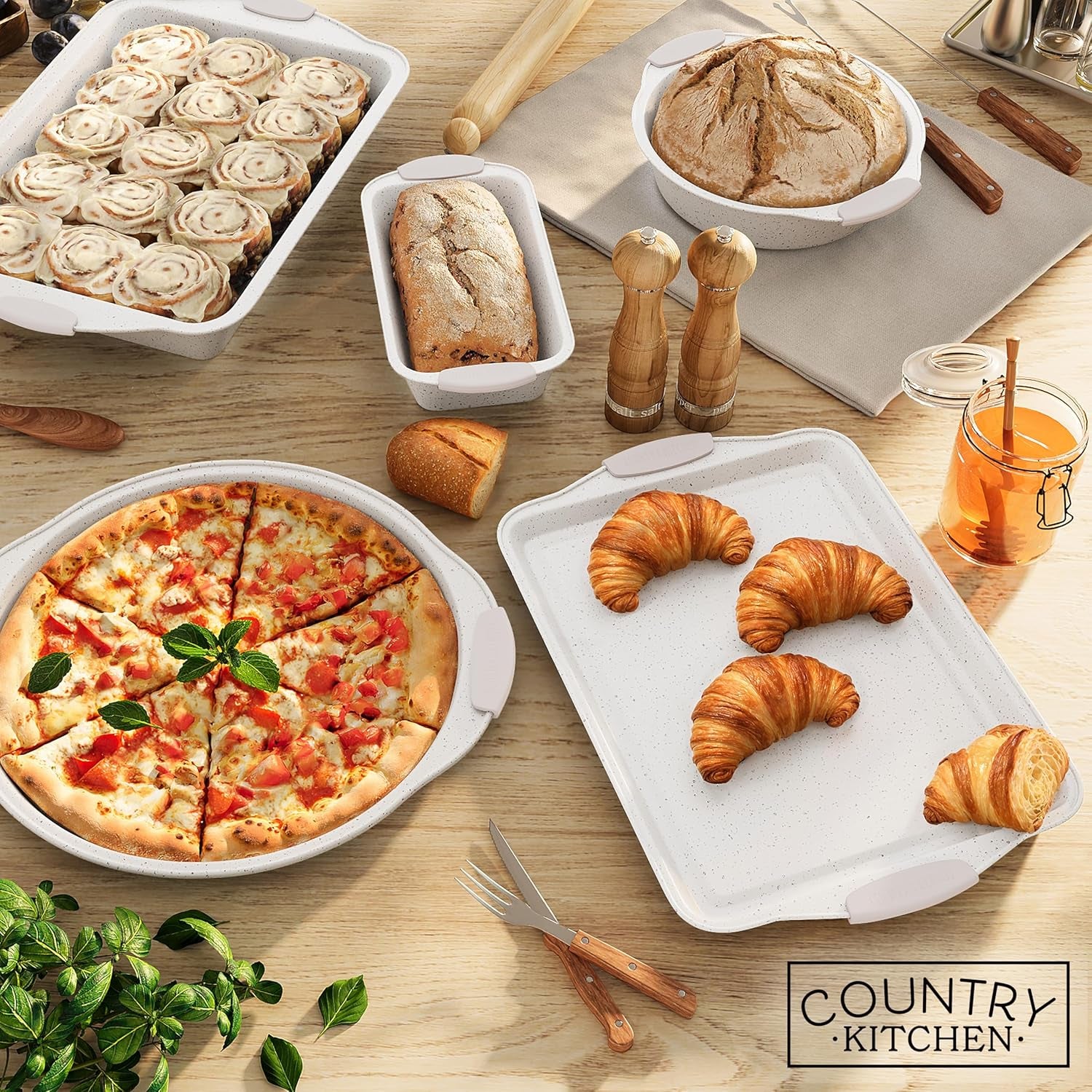 Nonstick Stackable Bakeware Set - Heavy Duty, Durable, Easy Release Baking Set, Cream, 10 Pcs