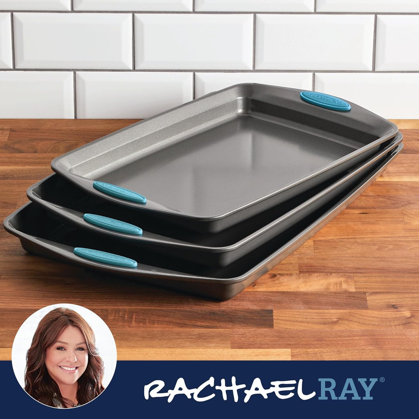 Bakeware Nonstick Cookie Pan Set, 3-Piece, Gray with Agave Blue Grips