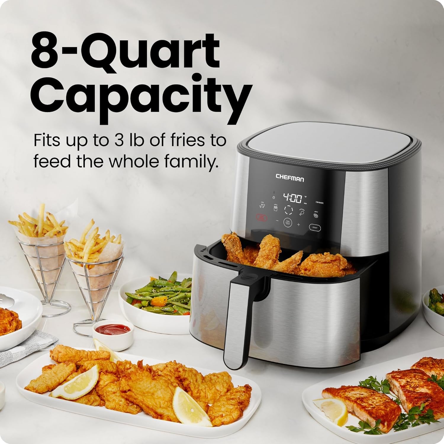 Turbofry® Touch Air Fryer, XL 8-Qt Family Size, One-Touch Digital Control Presets, French Fries, Chicken, Meat, Fish, Nonstick Dishwasher-Safe Parts, Automatic Shutoff, Stainless Steel