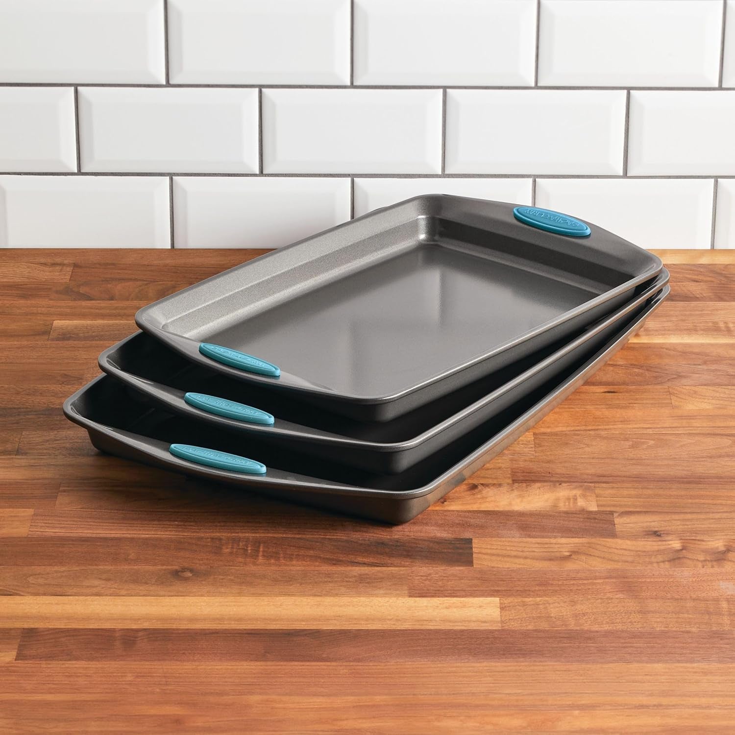 Bakeware Nonstick Cookie Pan Set, 3-Piece, Gray with Agave Blue Grips