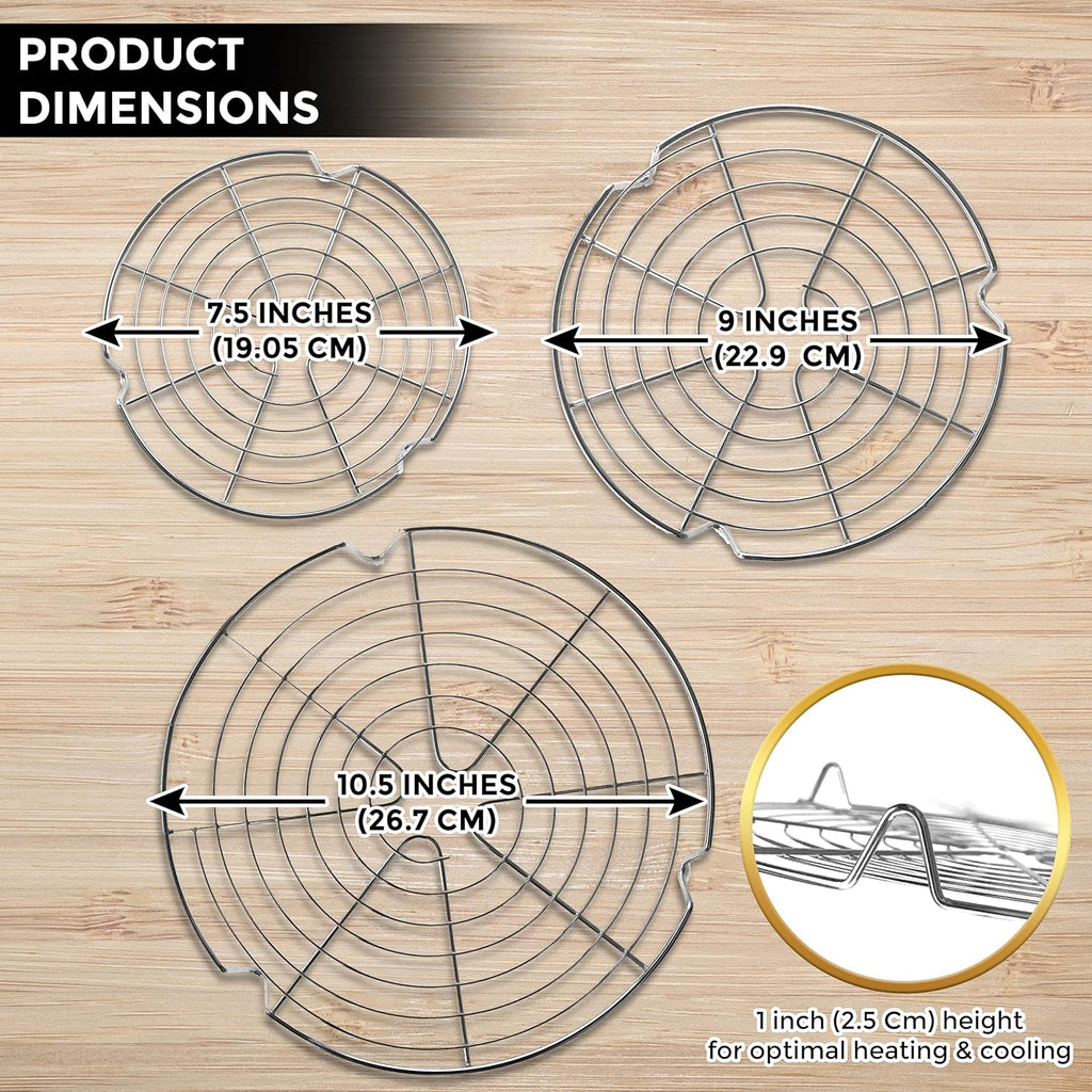 Versatile 3PC Stainless Steel Round Cooling Racks - Perfect for Cooking, Baking, Air Fryers & Canning - 7.5", 9", 10.5" Sizes
