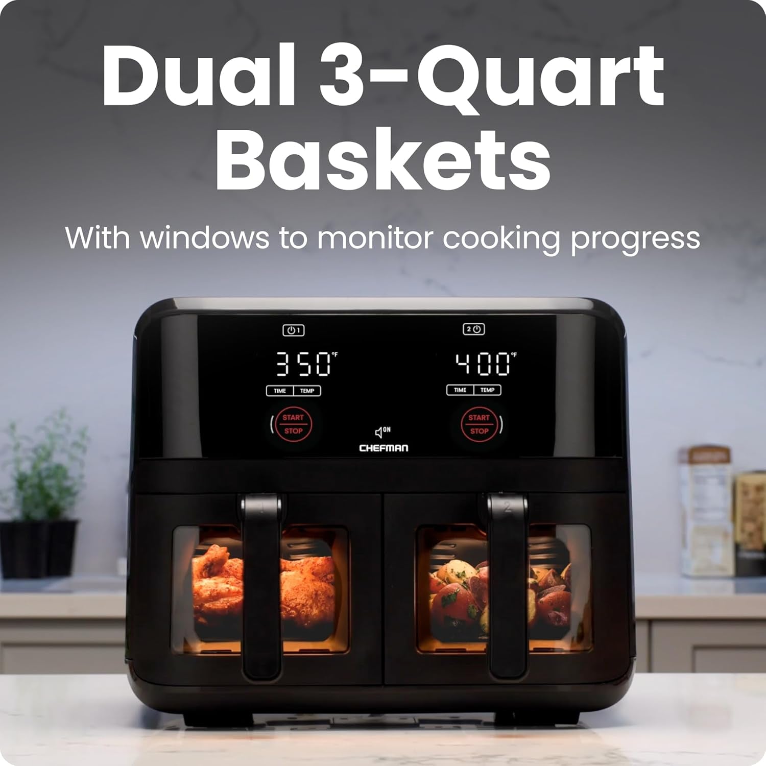 6 Quart Dual Basket Air Fryer Oven with Easy View Windows, Sync Finish, Hi-Fry, Auto Shutoff, 2 Independent 3Qt Nonstick Dishwasher Safe Frying Baskets, Digital Double Air Fryer - Black