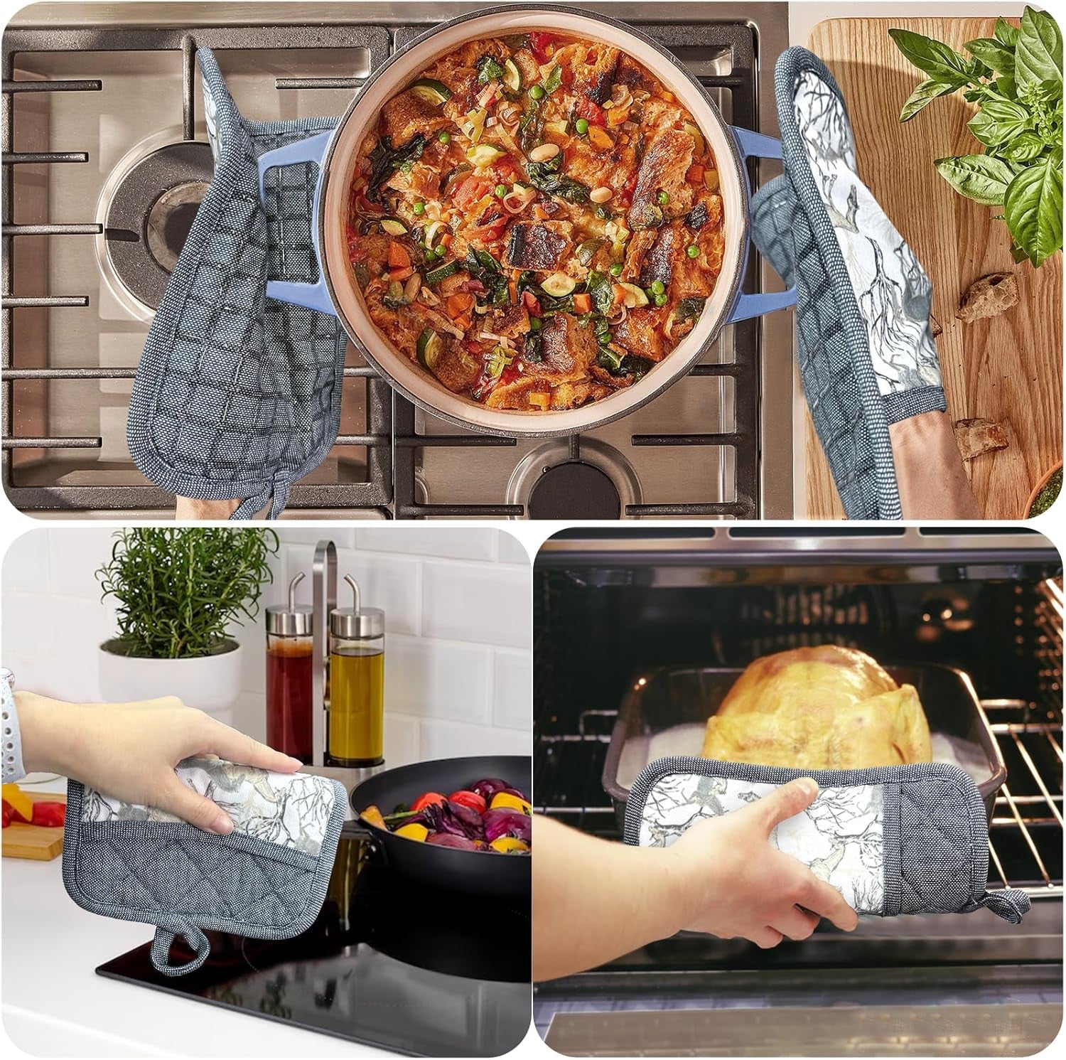 Pot Holders Set of 3 Silicone Printing Non Slip Heat Resistant, Yarm-Dyed Hot Pads Cotton Home Kitchen Cooking Barbecue Microwave Women Men Machine Washable BBQ Grilling. (Gray Potholders)