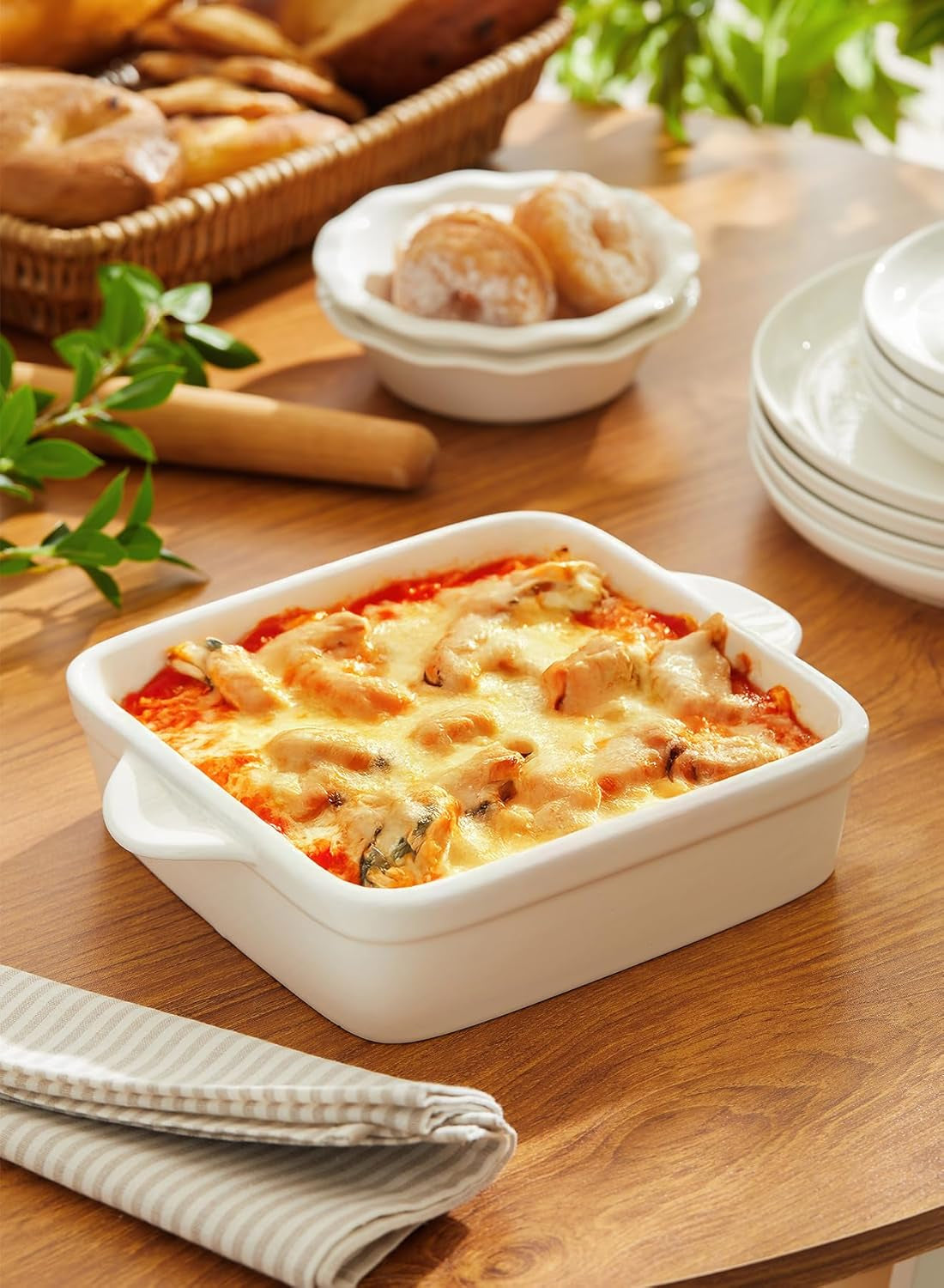 8X8 Inch Square Porcelain Baking Dish with Double Handles - Non-Stick Oven Casserole Pan for Brownie, Lasagna, Roasting - Great for Serving or Cooking