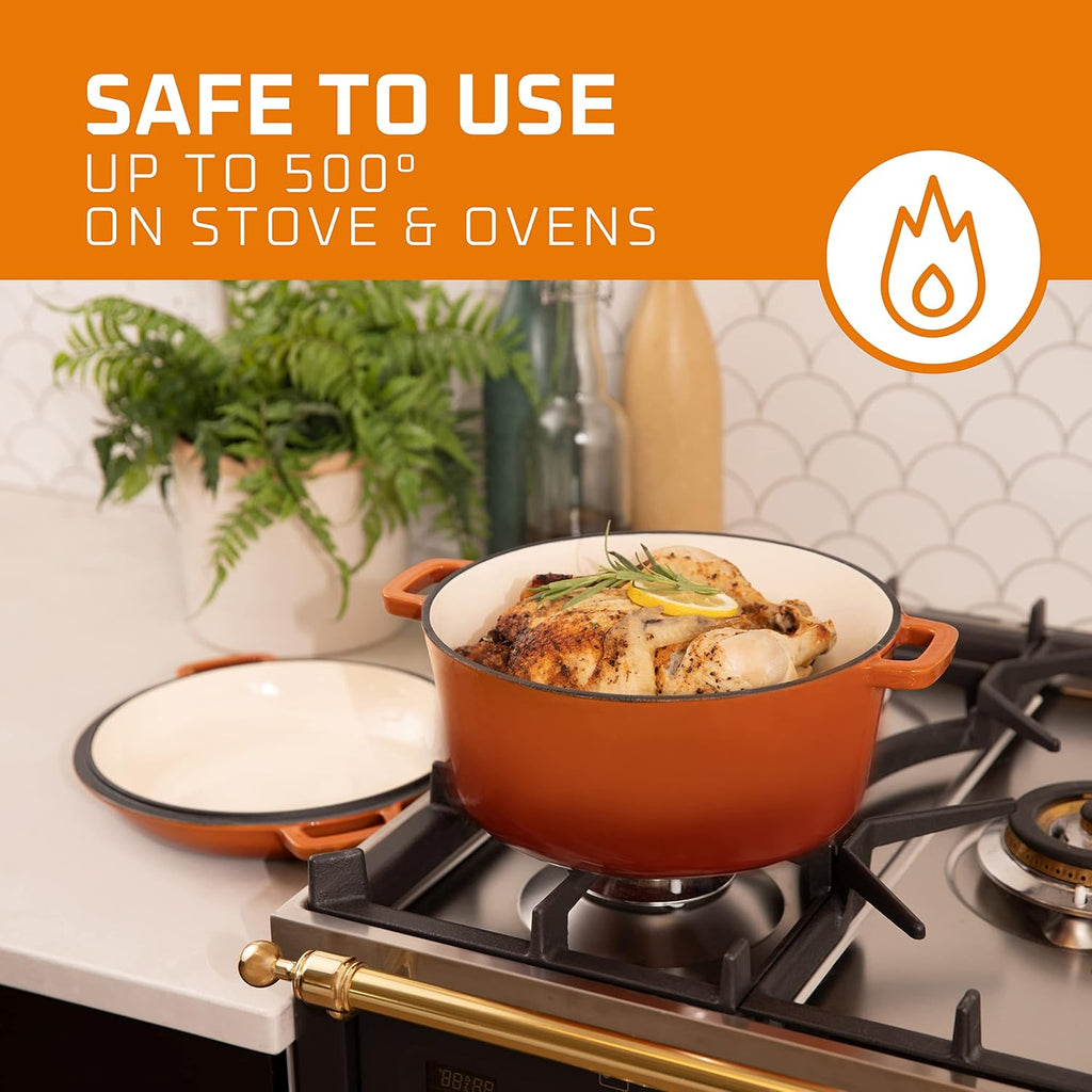 2-In-1 Enamel Cast Iron Dutch Oven with Handles - Crock Pot Pumpkin Spice Orange Cast Iron Pot with Skillet Lid-All-In-1 Cookware Braising Pan for Casserole Dish-5 Quart Pumpkin Spice Orange