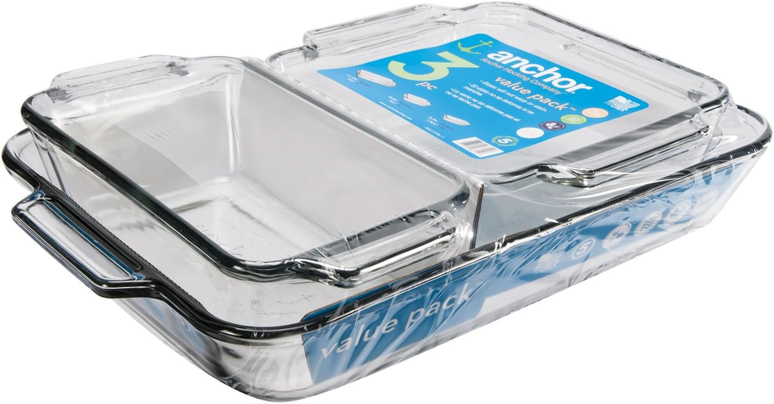 Glass Baking Dishes for Oven, 3 Piece Set (3 Qt Glass Casserole Dish, Cake Pan, and Bread Pan)