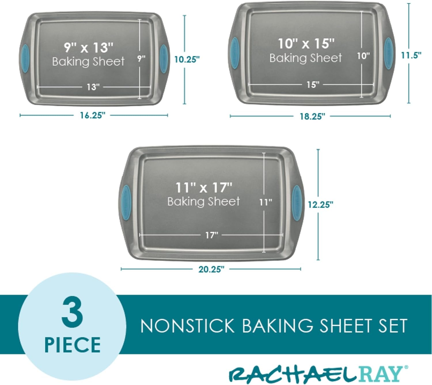 Bakeware Nonstick Cookie Pan Set, 3-Piece, Gray with Agave Blue Grips