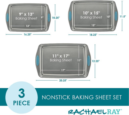 Bakeware Nonstick Cookie Pan Set, 3-Piece, Gray with Agave Blue Grips