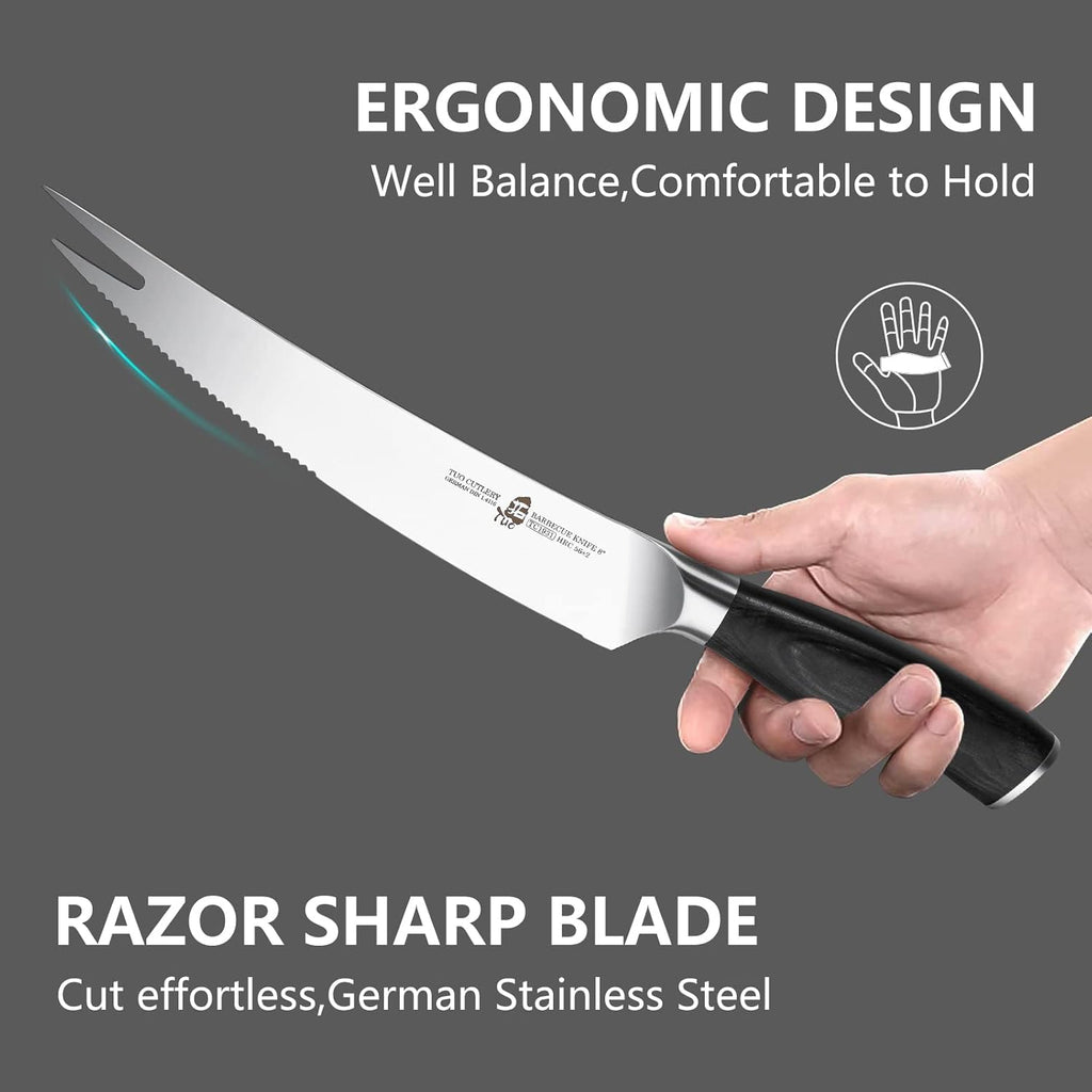BBQ Knife, 8 Inch Roast Cutting Knife with Fork Tip for Grilled Meat Cutting, Serrated Edge, High Carbon German Steel, Comfortable Pakkawood Handle