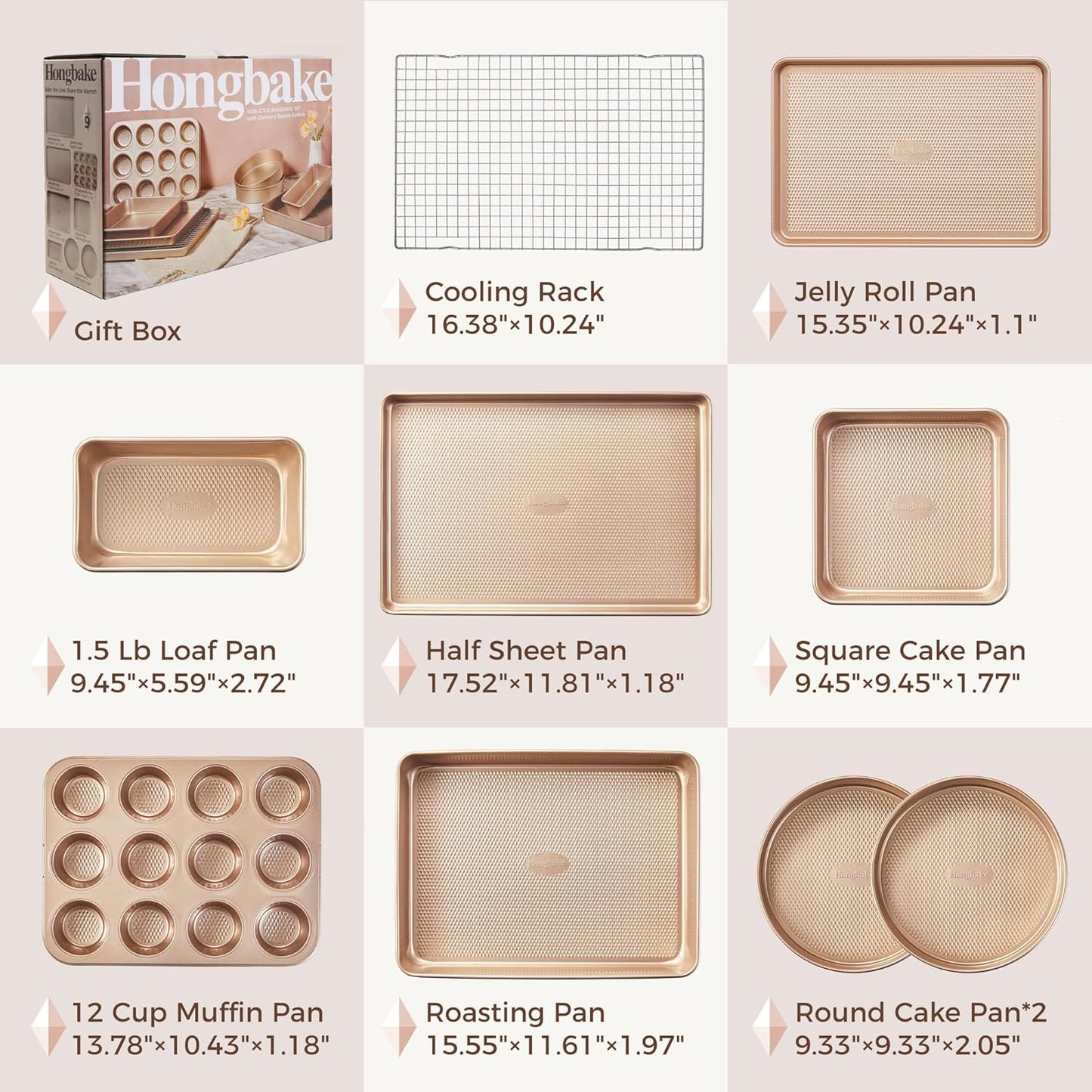 9-Piece Baking Pans Set Nonstick, Stackable Non Toxic Bakeware Sets with Diamond Texture, Oven Pan Set for Cooking, Includes Cookie Sheet with Rack, Cake Pan, Roasting Pan, Muffin Tin, Gold