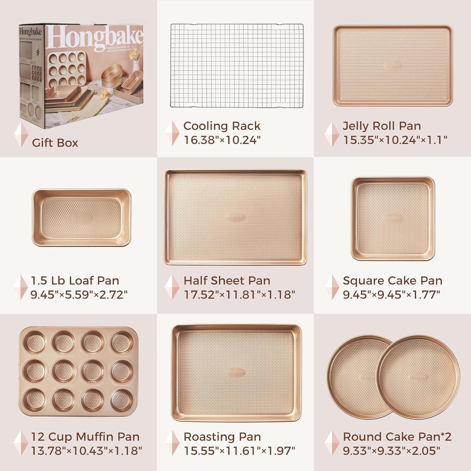 9-Piece Baking Pans Set Nonstick, Stackable Non Toxic Bakeware Sets with Diamond Texture, Oven Pan Set for Cooking, Includes Cookie Sheet with Rack, Cake Pan, Roasting Pan, Muffin Tin, Gold