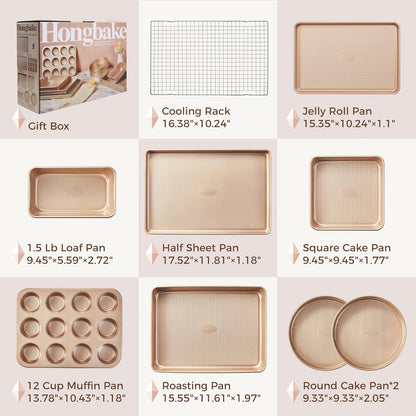 9-Piece Baking Pans Set Nonstick, Stackable Non Toxic Bakeware Sets with Diamond Texture, Oven Pan Set for Cooking, Includes Cookie Sheet with Rack, Cake Pan, Roasting Pan, Muffin Tin, Gold